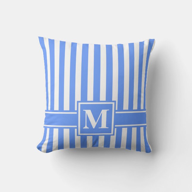Blue Modern Stripe with Monogram Cushion (Front)