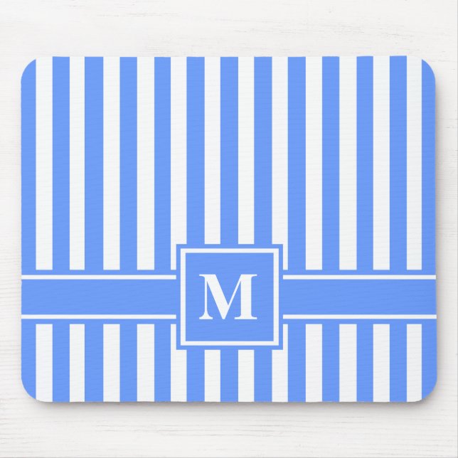 Blue Modern Stripe with Monogram Mouse Mat (Front)