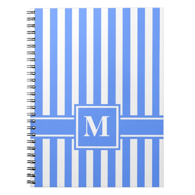 Blue Modern Stripe with Monogram Notebook (Front)