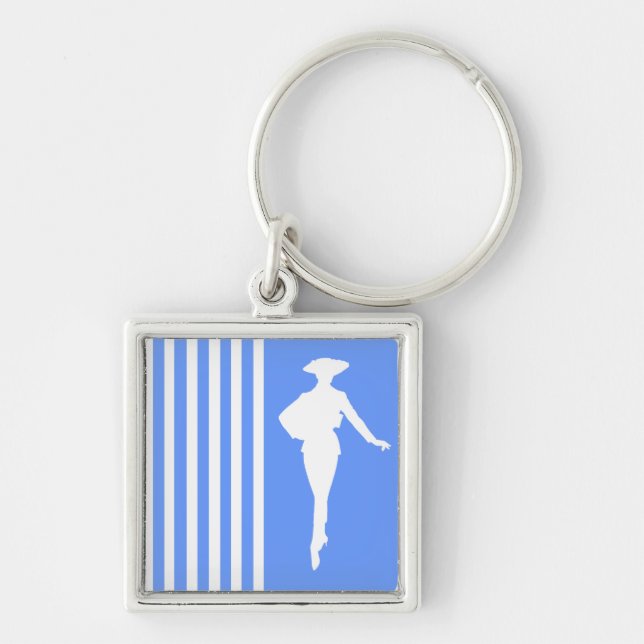 Blue Modern Stripes with Fashion Silhouette Key Ring (Front)