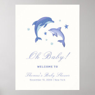 Blue Modern Summer Dolphin Baby Shower Welcome  Poster