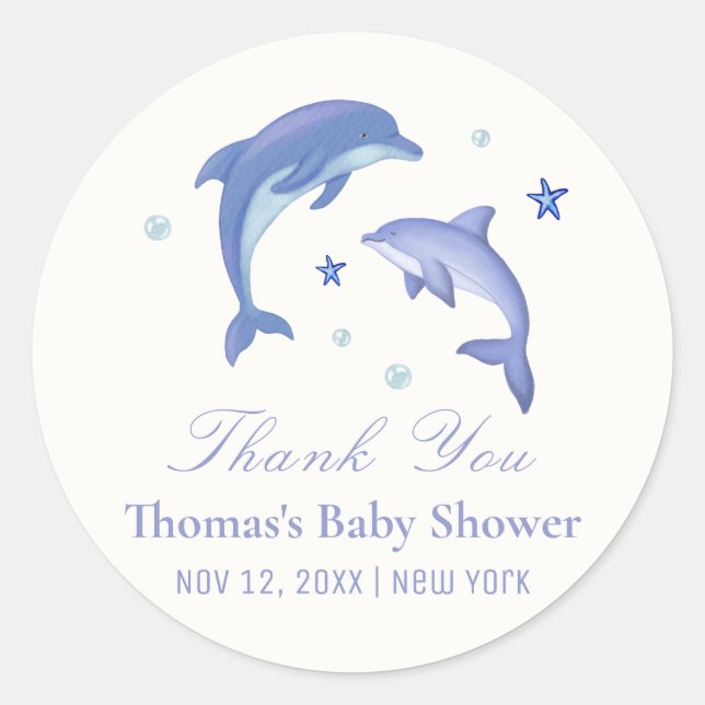 Blue Modern Summer Dolphin Stars Baby Shower  Classic Round Sticker (Front)