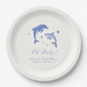 Blue Modern Summer Dolphin Stars Baby Shower Paper Plate