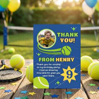 Blue Modern Tennis Ball Birthday Kids Thank You Card