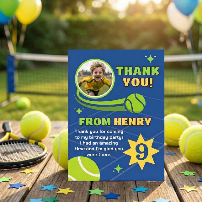 Blue Modern Tennis Ball Birthday Kids Thank You Card (Creator Uploaded)