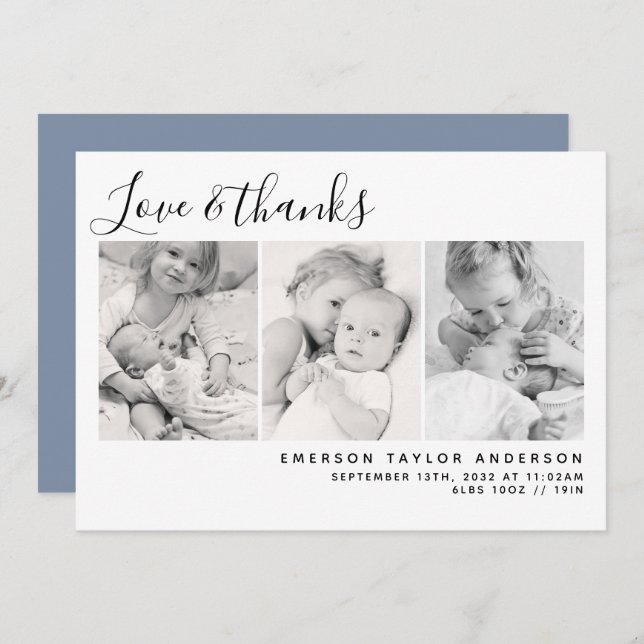 Blue Modern Three Photos New Baby  Thank You Card (Front/Back)
