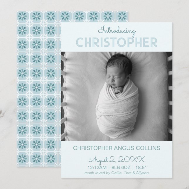 Blue Modern Tile Birth Announcement Card (Front/Back)