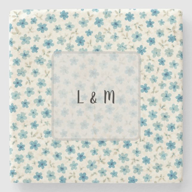 Blue Modern tiny flowers  Stone Coaster (Front)
