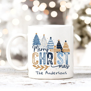 Blue Modern Trees Christ Merry Christmas Name Coffee Mug