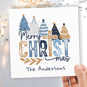 Blue Modern Trees Christ Merry Christmas Name Holiday Card