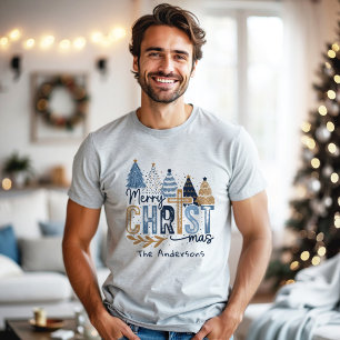 Blue Modern Trees Christian Jesus Christmas Name Tri-Blend Shirt