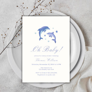 Blue Modern Under The Sea Dolphin Baby Shower Invitation