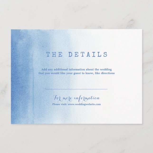 Blue modern watercolor beach wedding detail card (Front)