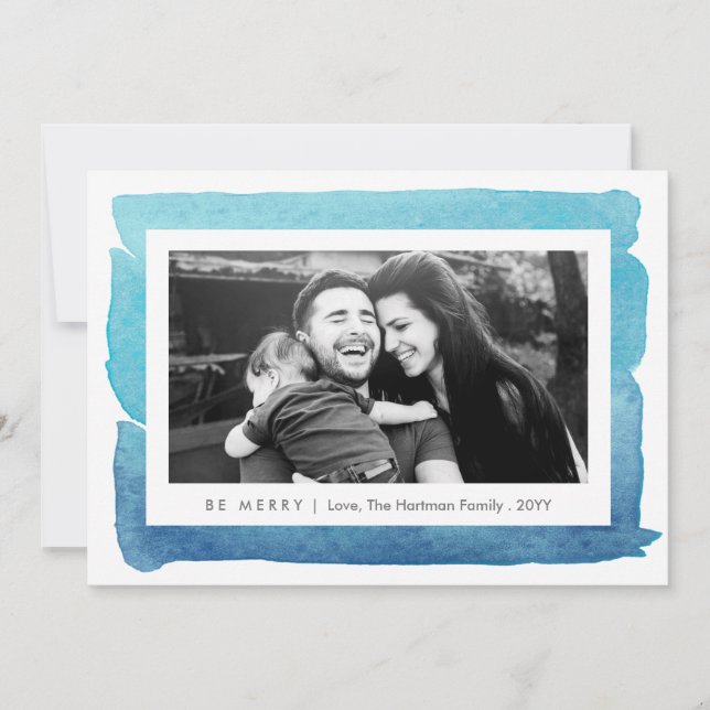 Blue Modern Watercolor Two Photo Christmas Holiday Card (Front)
