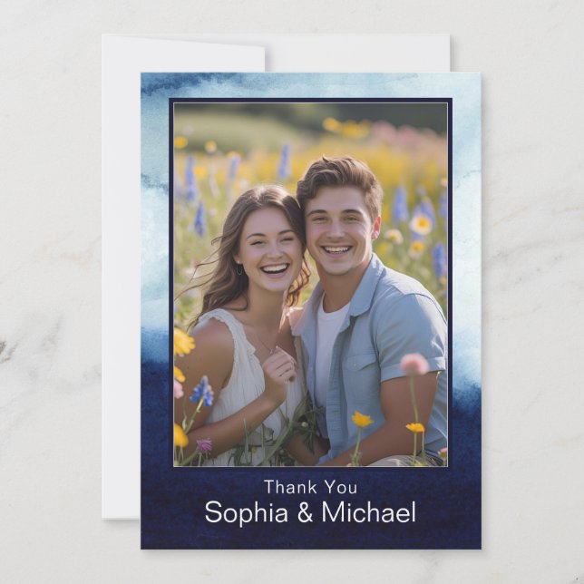 Blue Modern Watercolor Wedding Thank You Card  (Front)