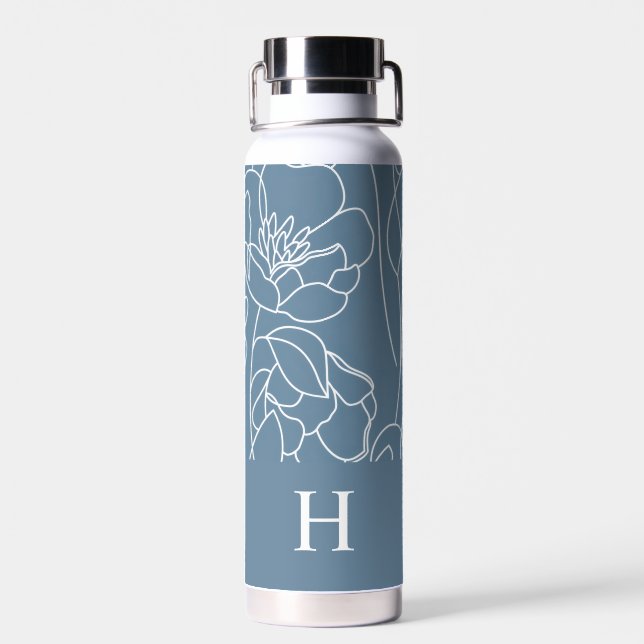 Blue Modern Wildflower Monogram Name Water Bottle (Back)