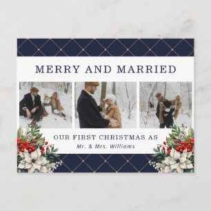 Blue Modern Winter Botanicals Photo Newlywed Holiday Postcard