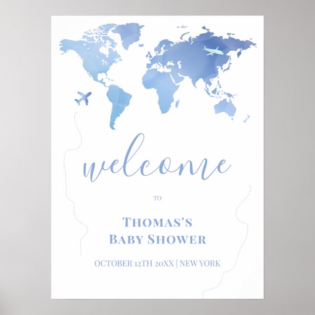 Blue Modern World Map Travel Baby Shower Welcome  Poster (Front)