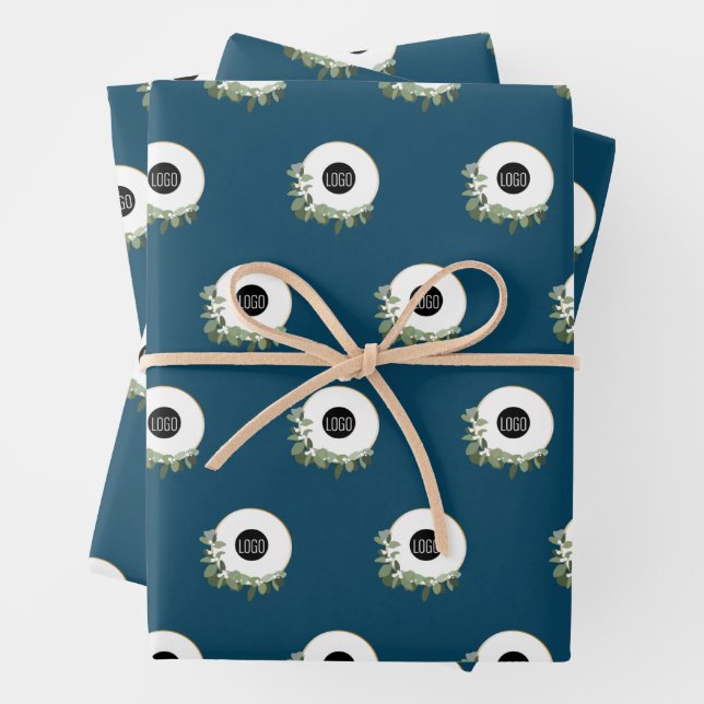 Blue Modern Wreath Custom company logo Wrapping Paper Sheet (In situ)