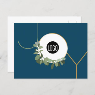 Blue Modern Wreath JOY Custom Business logo Holiday Postcard