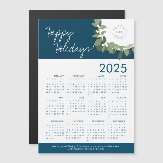 Blue Modern Wreath Your Logo here 2025 Calendar (Front/Back)