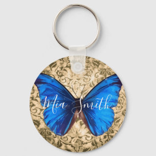 Blue Monarch butterfly damask personal name Key Ring