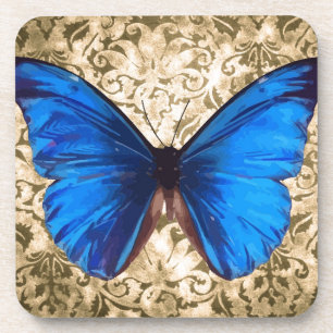 Blue Monarch butterfly damask Vintage art Coaster