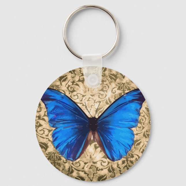Blue Monarch butterfly damask Vintage art Key Ring (Front)