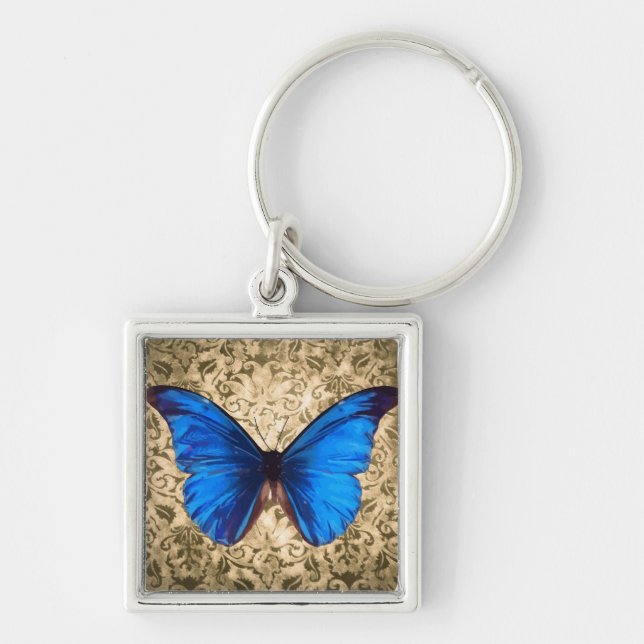 Blue Monarch butterfly damask Vintage art Key Ring (Front)