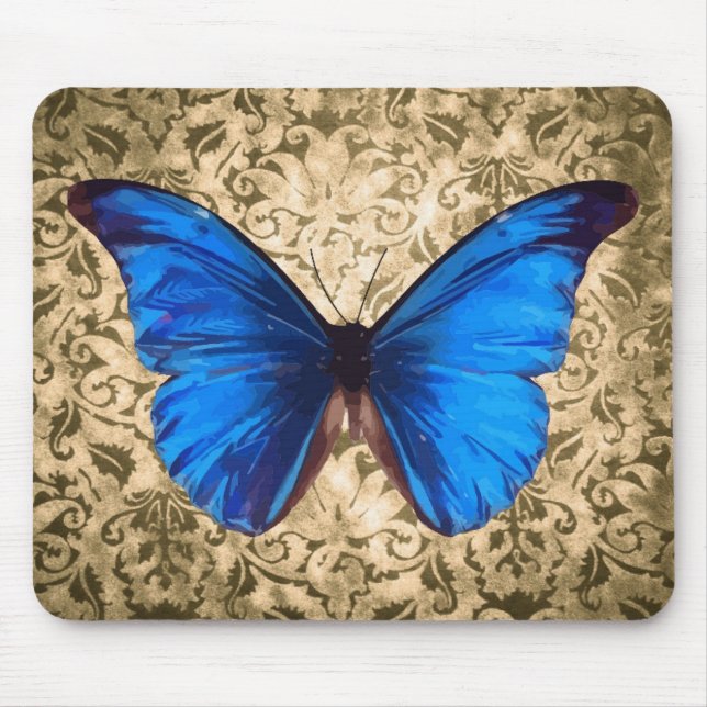 Blue Monarch butterfly damask Vintage art Mouse Mat (Front)