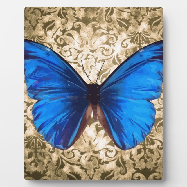 Blue Monarch butterfly damask Vintage art Plaque (Front)