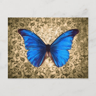 Blue Monarch butterfly damask Vintage art Postcard