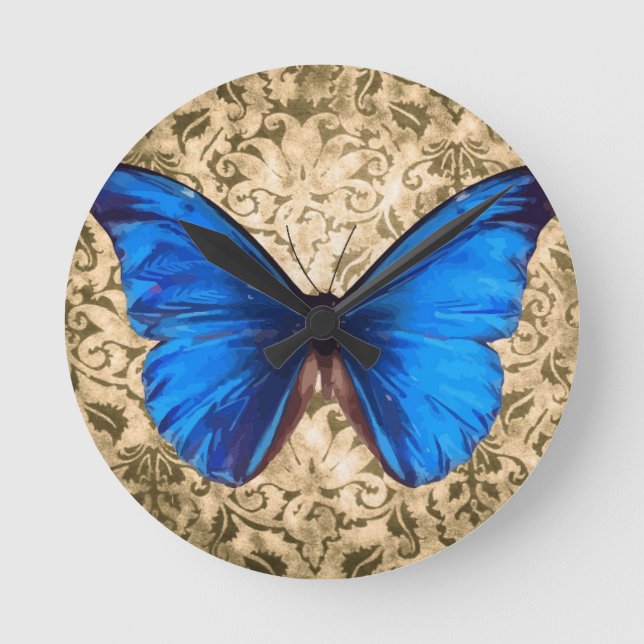 Blue Monarch butterfly damask Vintage art Round Clock (Front)