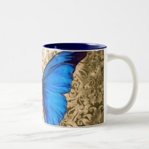 Blue Monarch butterfly damask Vintage art Two-Tone Coffee Mug