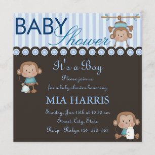 Blue Monkey Design Baby Shower Invitation