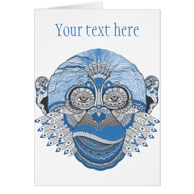 Blue Monkey Face with Pattern and Feathers (Front)