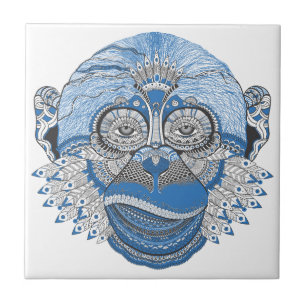 Blue Monkey Face with Pattern and Feathers Tile