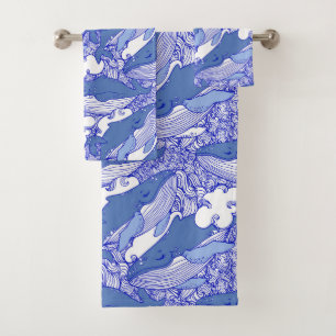 Blue Monochromatic Humpback Whale Bath Towel Set