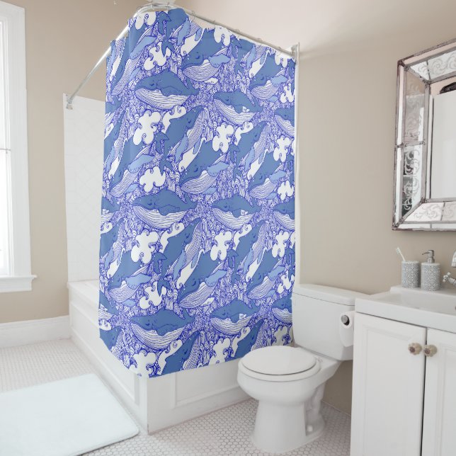 Blue Monochromatic Humpback Whale  Shower Curtain (In Situ)