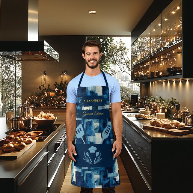 Blue Monochrome Abstract - Modern Culinary Kitchen Apron (Creator Uploaded)