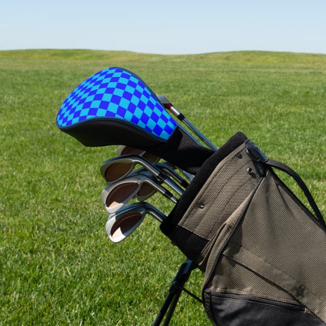 Blue Monochrome Chequerboard Pattern Golf Head Cover (In Situ)