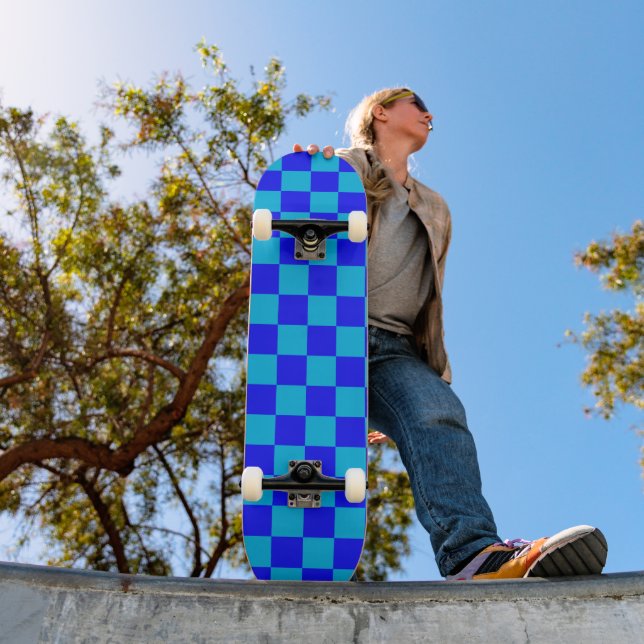 Blue Monochrome Chequerboard Pattern Skateboard (Outdoor 1)