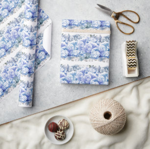 Blue Monochrome Flowers Wrapping Paper