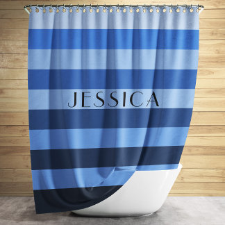 Blue Monochrome Striped Pattern Personalized Name Shower Curtain