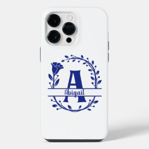 Blue Monogram A, Initial A, Letter A, Floral  iPhone 14 Pro Max Case