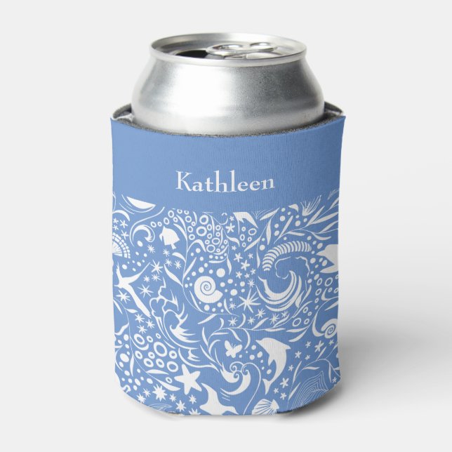 Blue Monogram Add Your Name Ocean Pattern Can Cooler (Can Front)