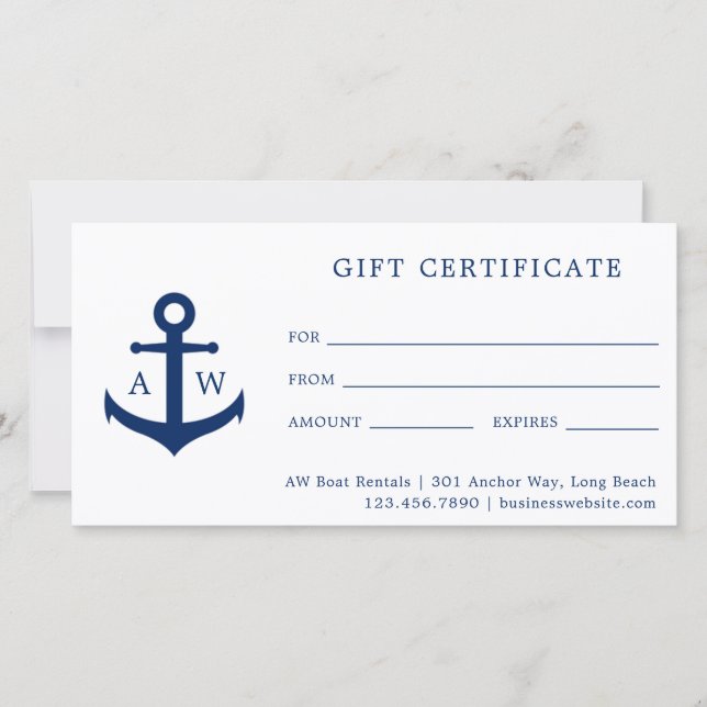 Blue Monogram Anchor Business Gift Certificate (Front)