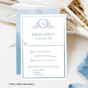 Blue Monogram and Watercolor Elegant Wedding RSVP