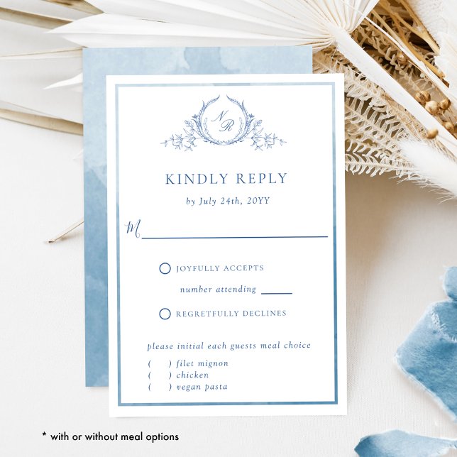 Blue Monogram and Watercolor Elegant Wedding RSVP (Creator Uploaded)
