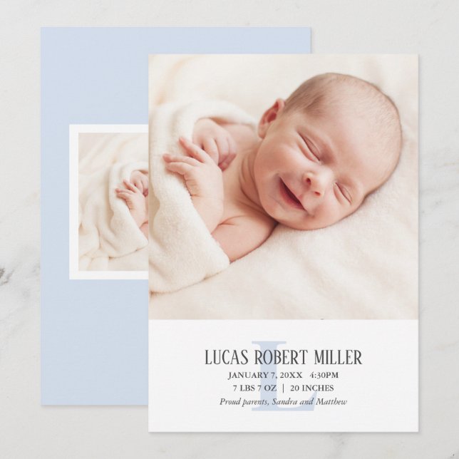 Blue Monogram Baby Birth Announcement Photo Card (Front/Back)